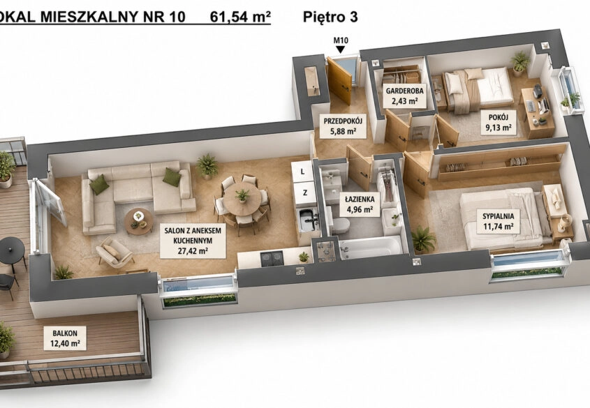 Nowe mieszkanie 3 pokojowe 61m2 na 3 piętrze