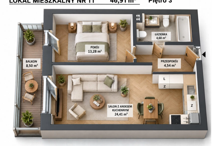 Mieszkanie w Rumi, 2 pokojowe na 3 piętrze, 46m2